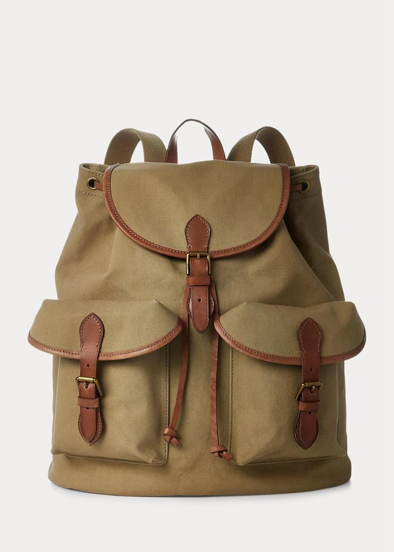 Bolso Polo Ralph Lauren Hombre Heritage Leather-Trim Lona Mochila Chile Verde Oliva YLSFG-3152